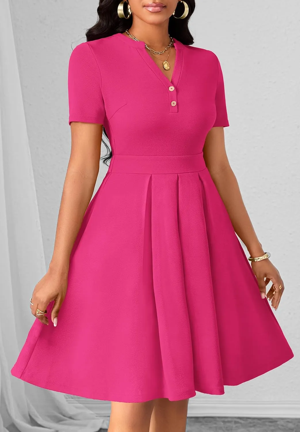 Womens Short Sleeve V Neck Casual Semi-Formal Dress Wedding Guest Cocktail Dresses with Pockets
