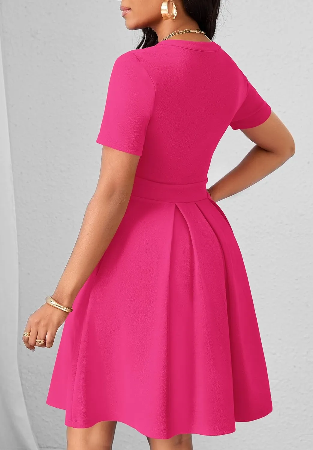 Womens Short Sleeve V Neck Casual Semi-Formal Dress Wedding Guest Cocktail Dresses with Pockets