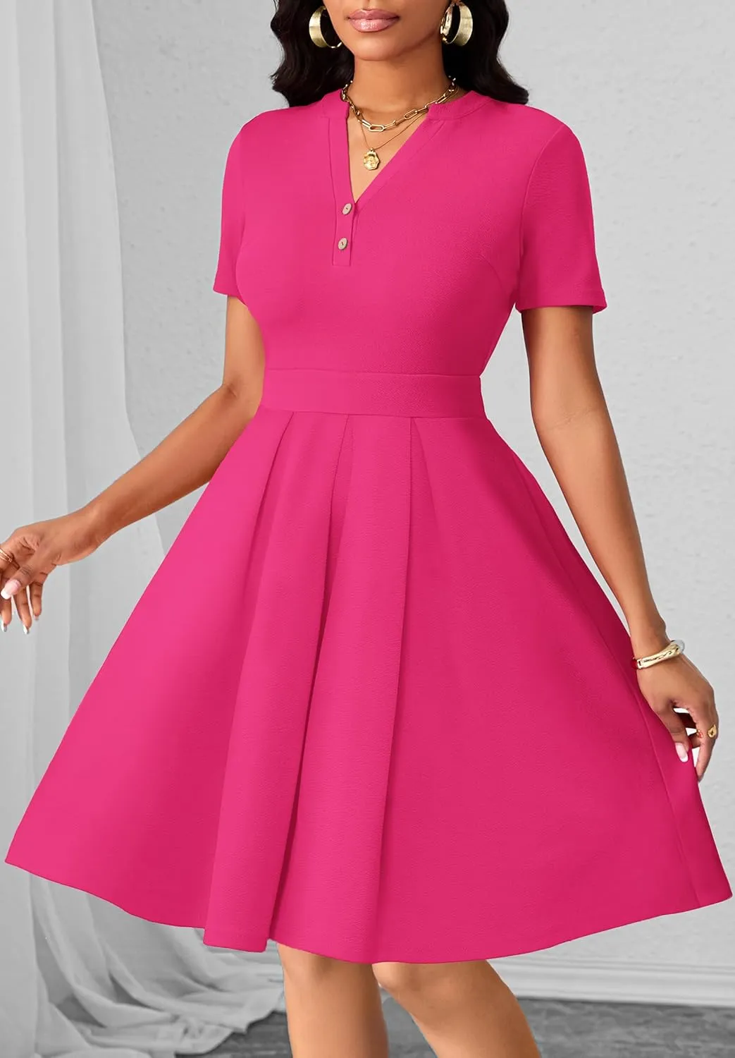 Womens Short Sleeve V Neck Casual Semi-Formal Dress Wedding Guest Cocktail Dresses with Pockets