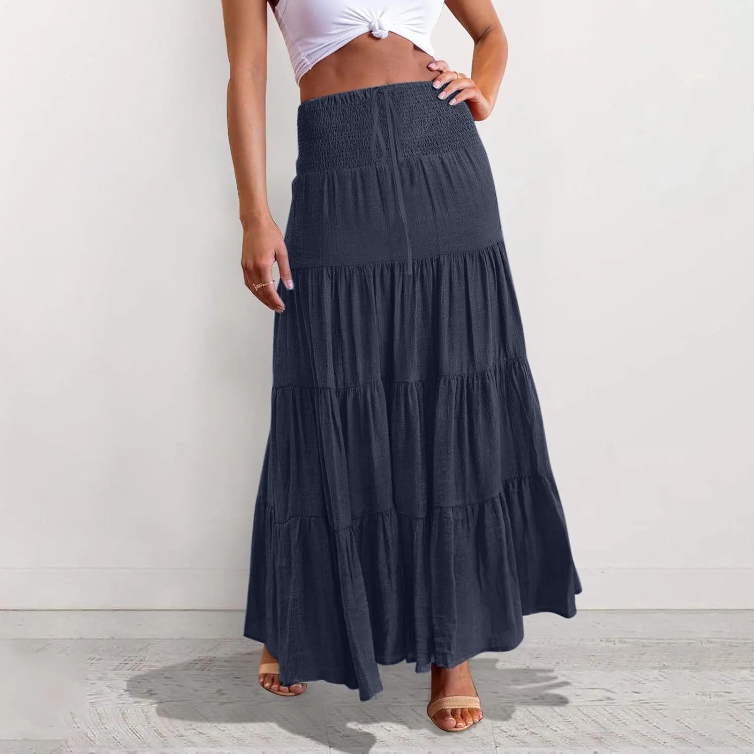 Women's Skirts Womens Summer Paisley Print Maxi Skirts Casual Elastic High Waist Pleated Flowy Ruffle Long Skirt