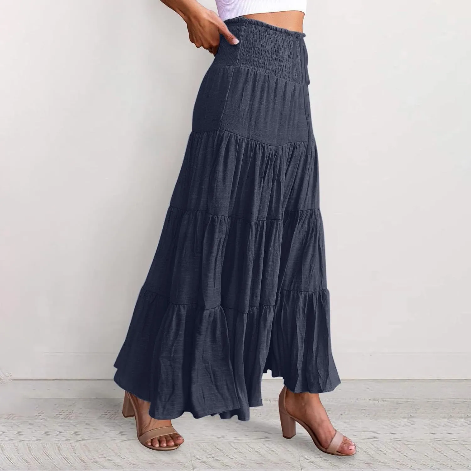 Women's Skirts Womens Summer Paisley Print Maxi Skirts Casual Elastic High Waist Pleated Flowy Ruffle Long Skirt