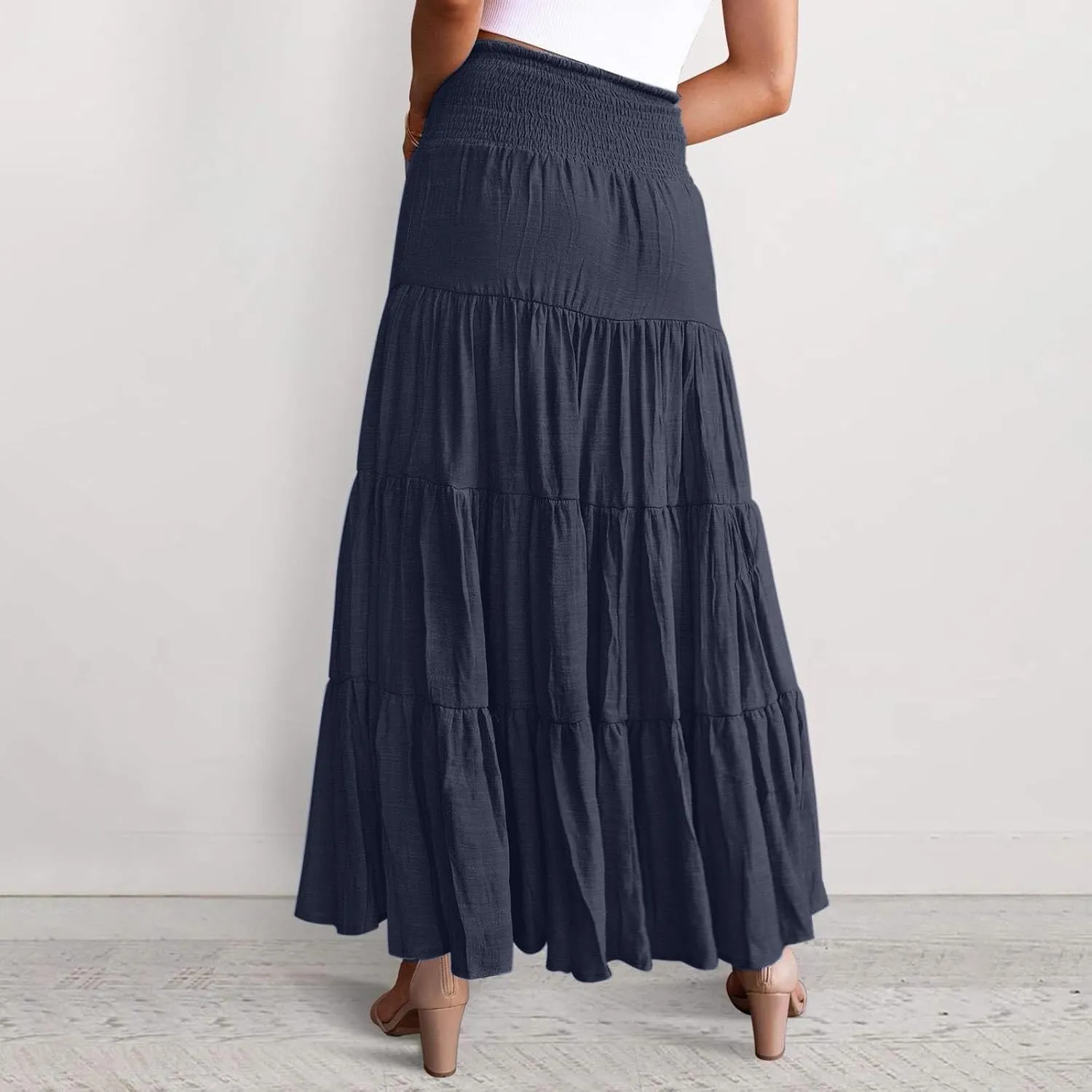 Women's Skirts Womens Summer Paisley Print Maxi Skirts Casual Elastic High Waist Pleated Flowy Ruffle Long Skirt