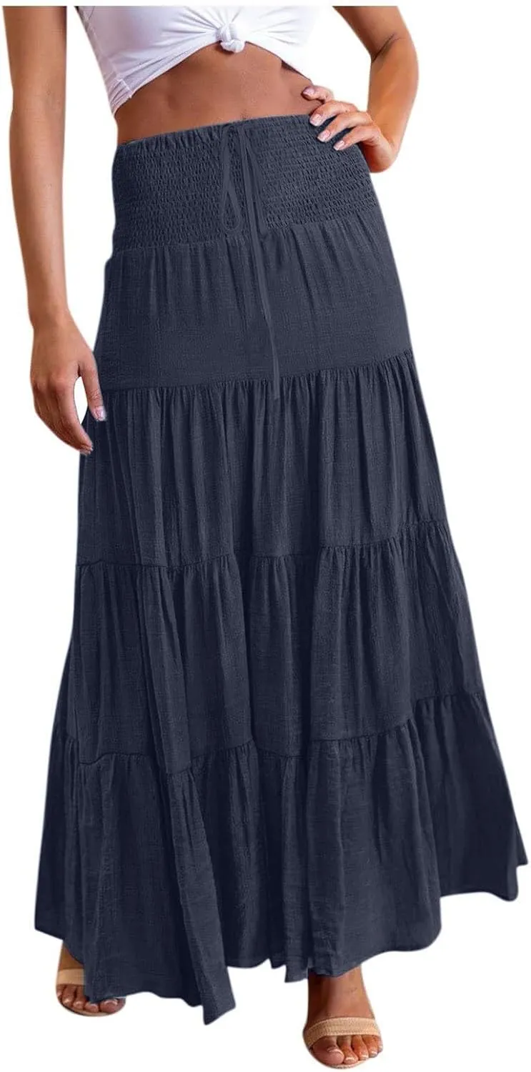 Women's Skirts Womens Summer Paisley Print Maxi Skirts Casual Elastic High Waist Pleated Flowy Ruffle Long Skirt