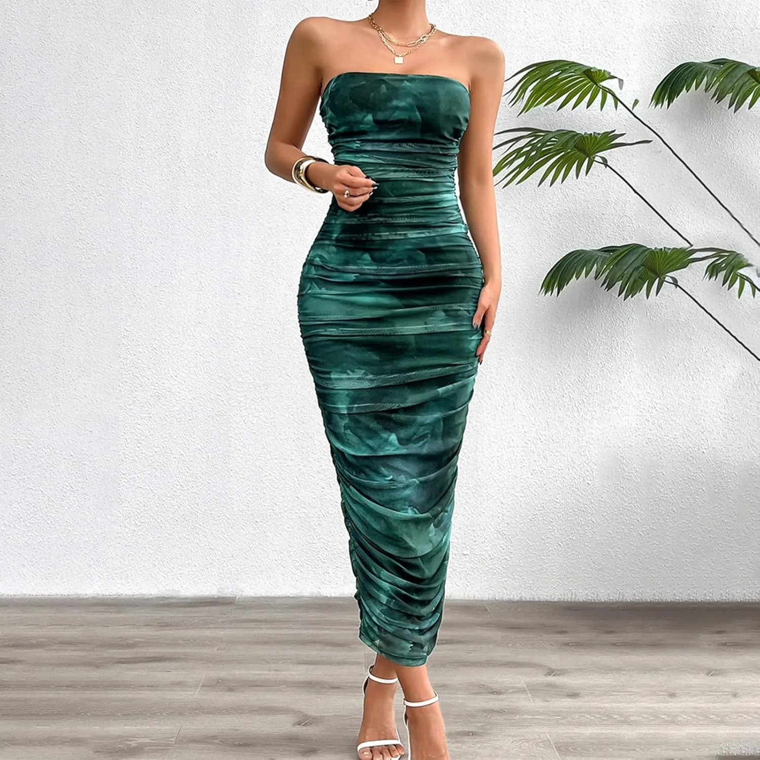 Women's Summer Bodycon Dresses Strapless Tube Top Printed Long Club Slit Dress Silk Dresses for