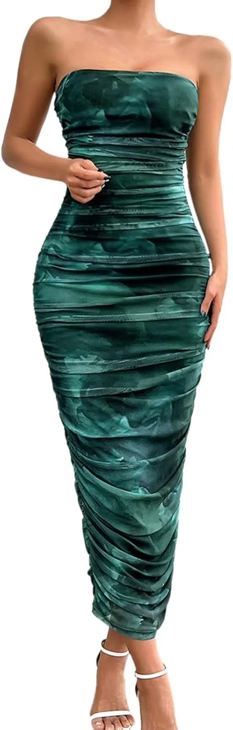 Women's Summer Bodycon Dresses Strapless Tube Top Printed Long Club Slit Dress Silk Dresses for
