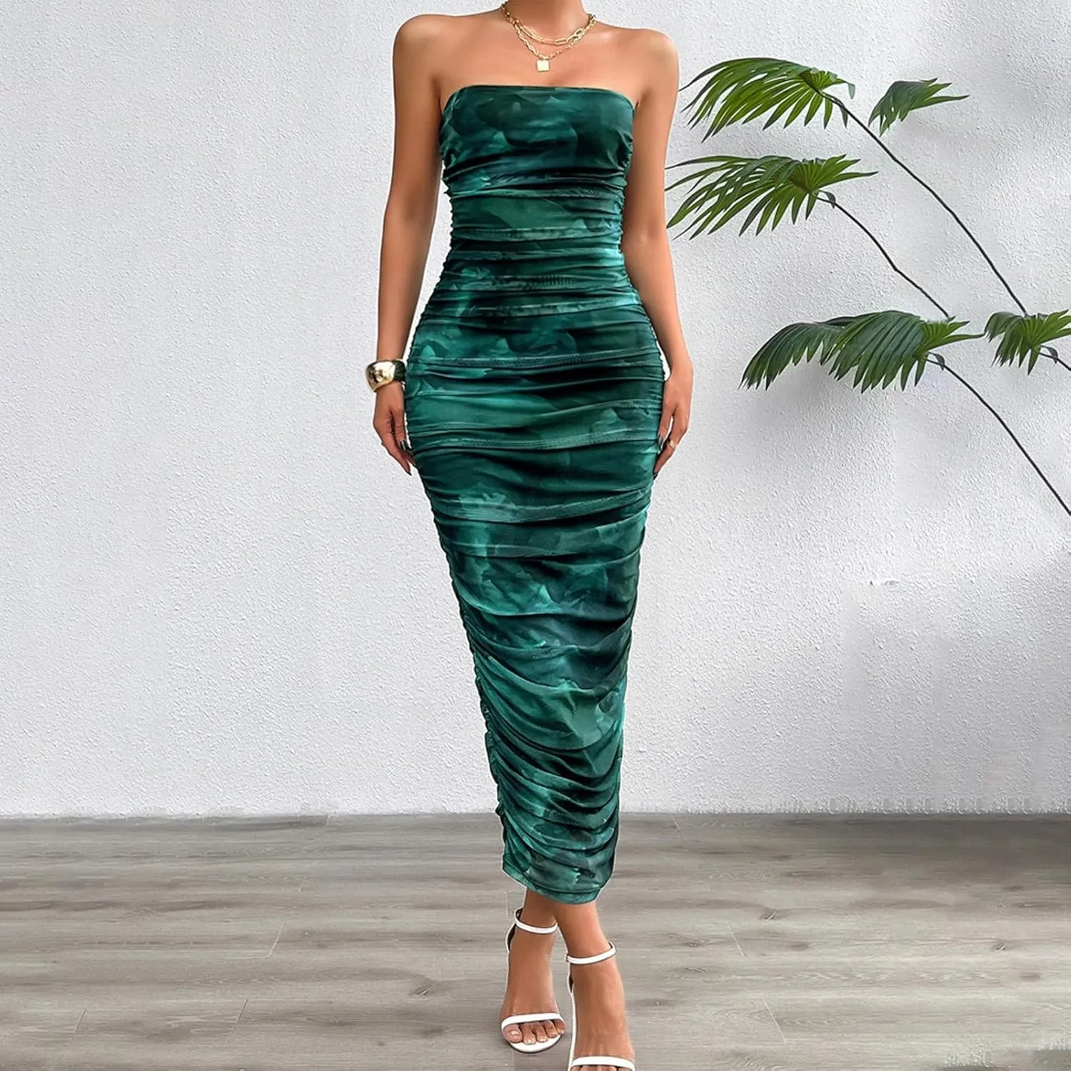 Women's Summer Bodycon Dresses Strapless Tube Top Printed Long Club Slit Dress Silk Dresses for