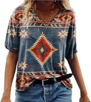 Women's Western Ethnic V-Neck Short Sleeve T-Shirt, Retro Aztec Ethnic Geometric Argyle Pattern Summer Casual T-Shirt