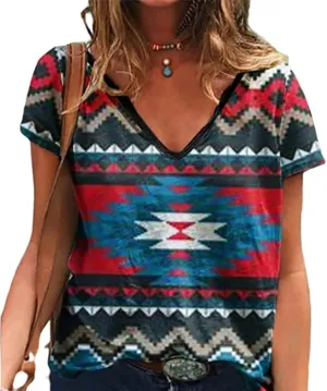 Women's Western Ethnic V-Neck Short Sleeve T-Shirt, Retro Aztec Ethnic Geometric Argyle Pattern Summer Casual T-Shirt