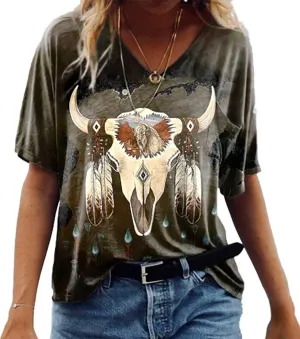 Women's Western Ethnic V-Neck Short Sleeve T-Shirt, Retro Aztec Ethnic Geometric Argyle Pattern Summer Casual T-Shirt
