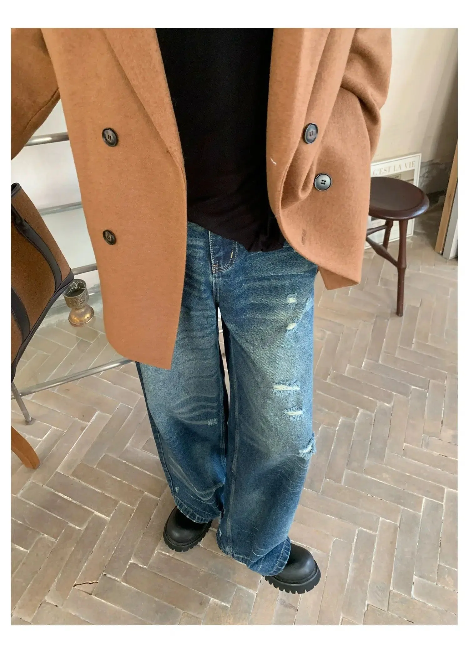 Woo Distressed Hole Straight Jeans
