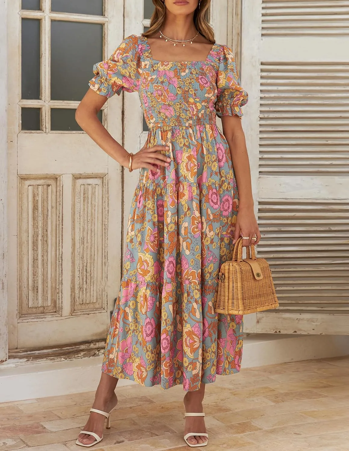 ZESICA Women's 2025 Summer Boho Floral Print Square Neck Ruffle Swing Beach Long Maxi Dress