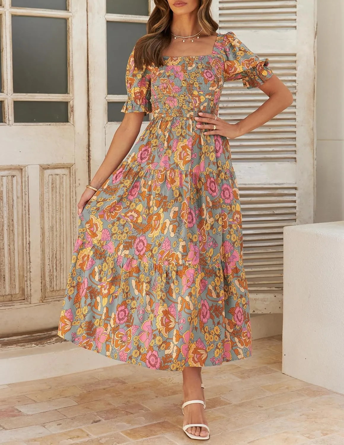 ZESICA Women's 2025 Summer Boho Floral Print Square Neck Ruffle Swing Beach Long Maxi Dress