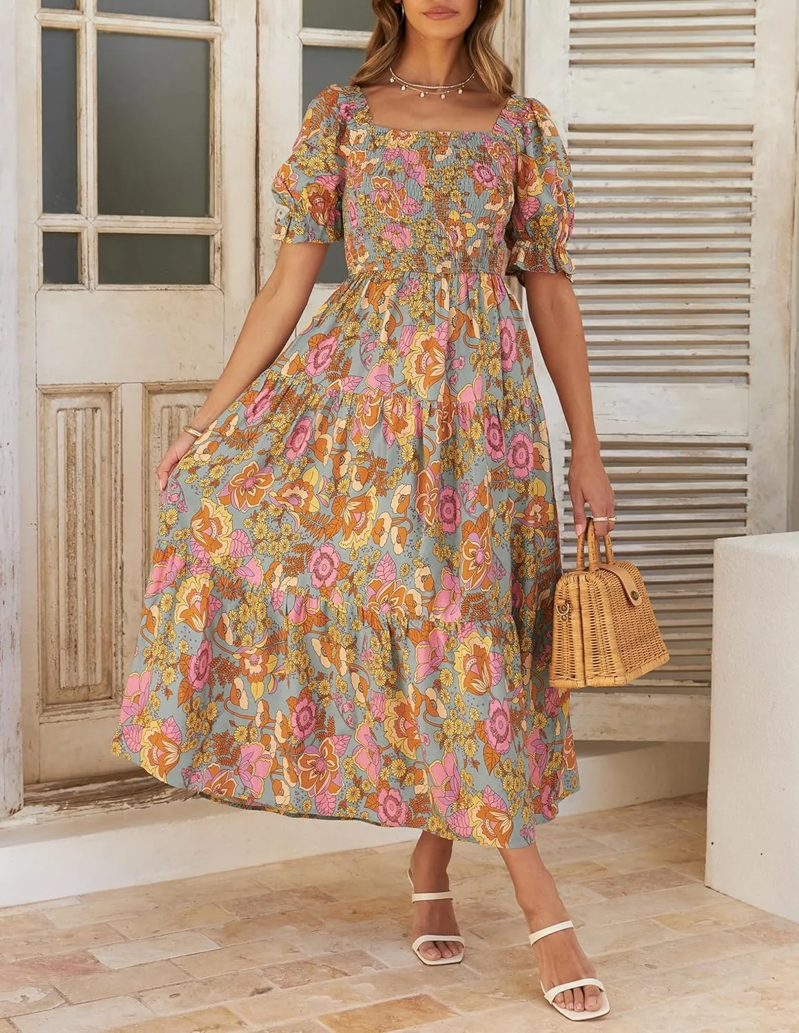 ZESICA Women's 2025 Summer Boho Floral Print Square Neck Ruffle Swing Beach Long Maxi Dress