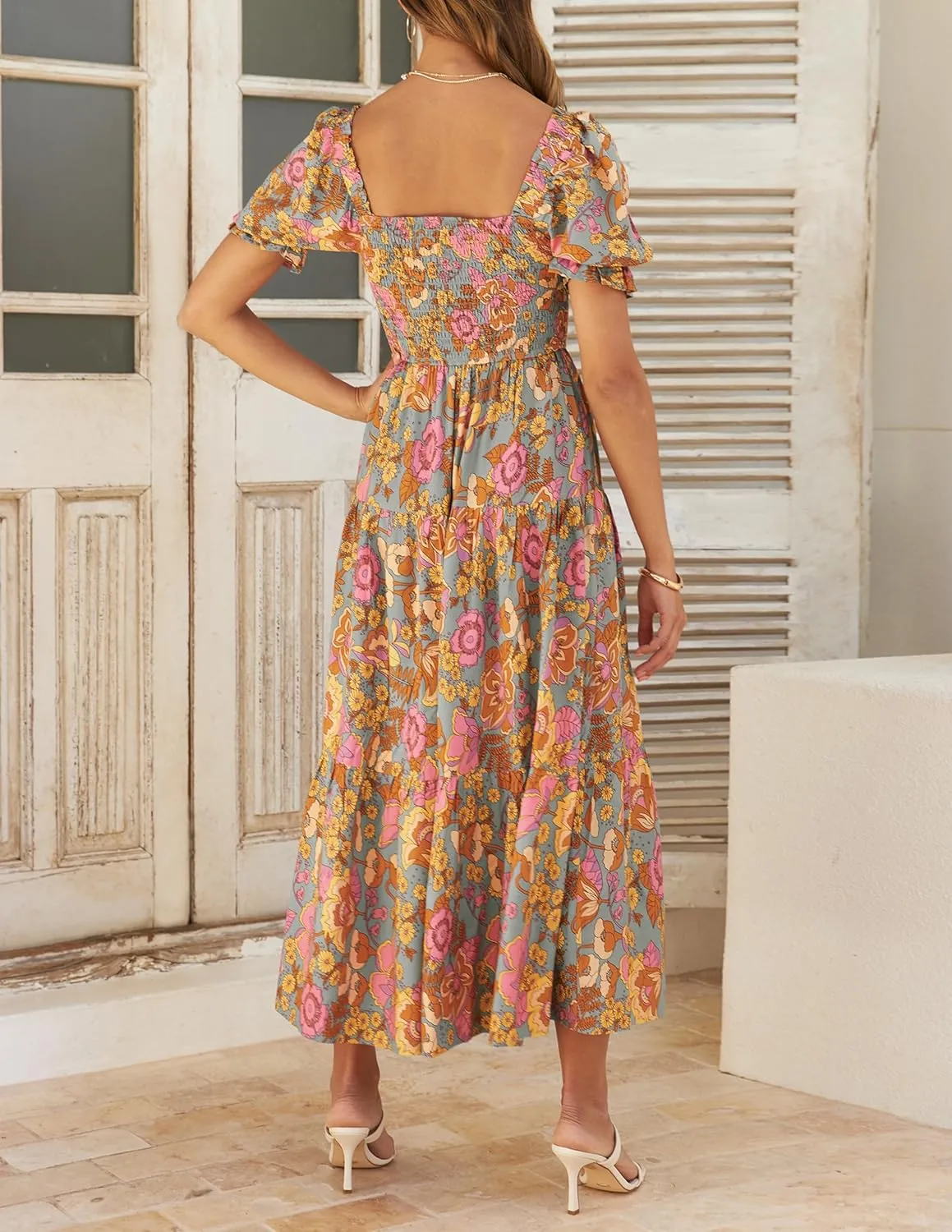 ZESICA Women's 2025 Summer Boho Floral Print Square Neck Ruffle Swing Beach Long Maxi Dress