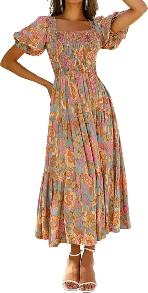 ZESICA Women's 2025 Summer Boho Floral Print Square Neck Ruffle Swing Beach Long Maxi Dress